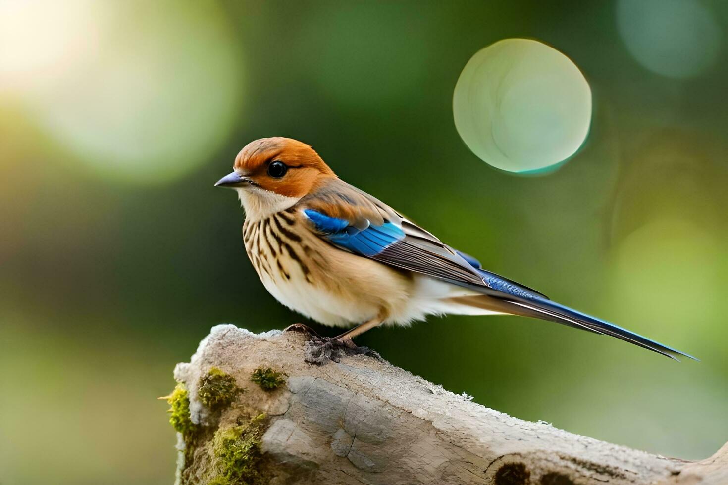 a small bird with a blue and white head. AI-Generated photo