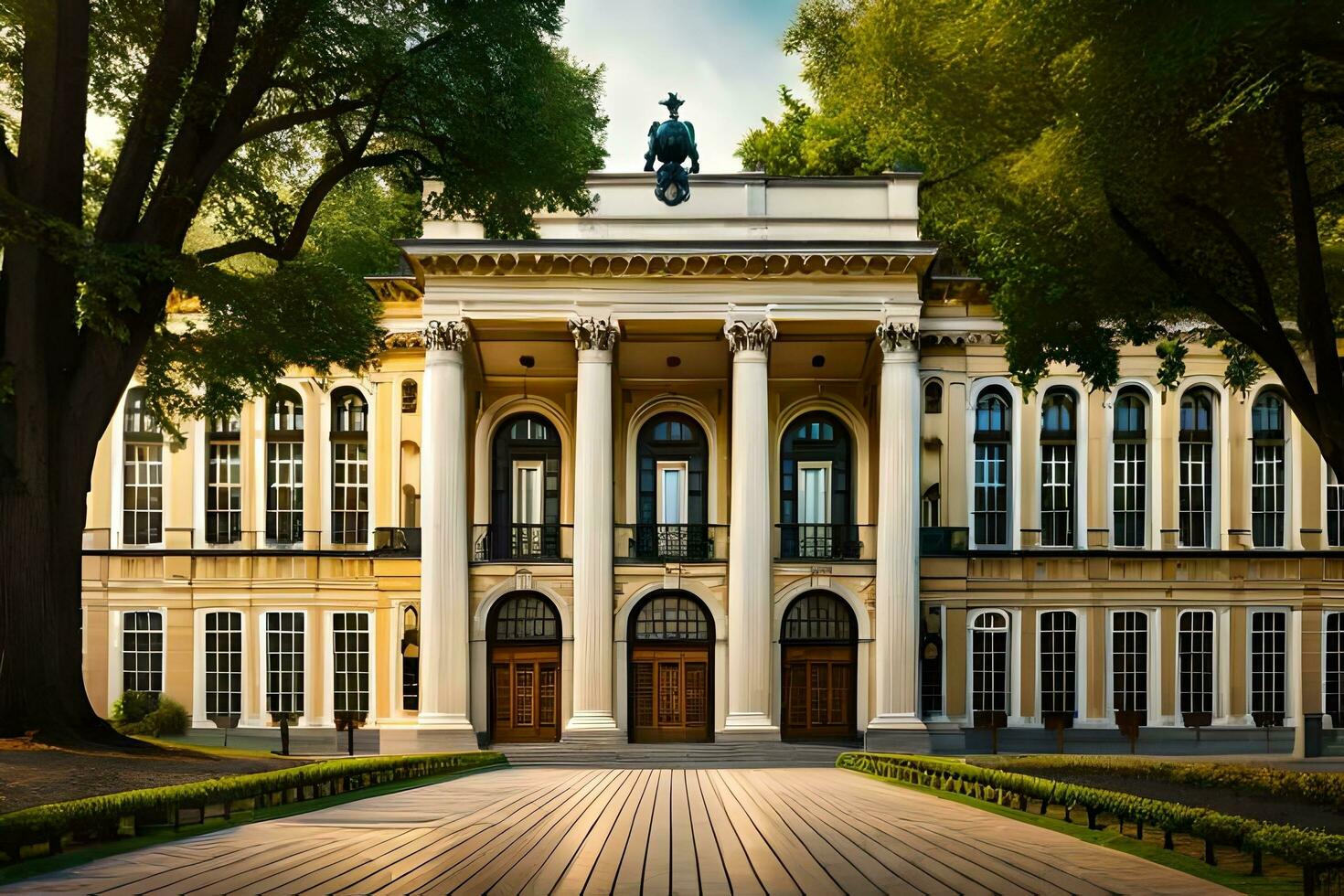 a large building with columns and trees. AI-Generated photo