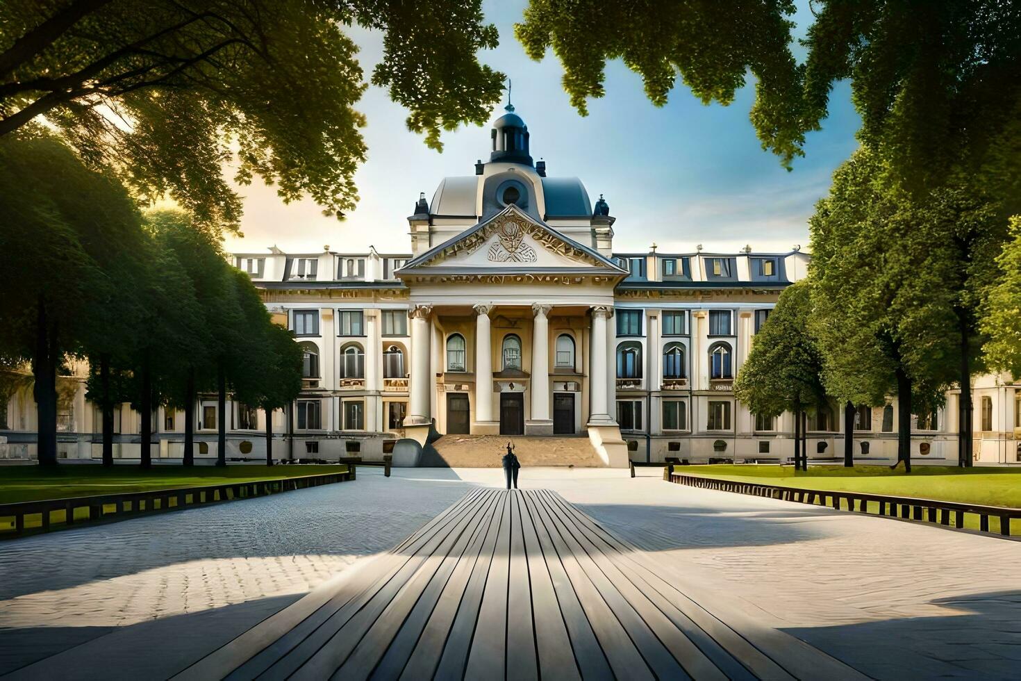 a large building with a large clock tower in the middle. AI-Generated photo