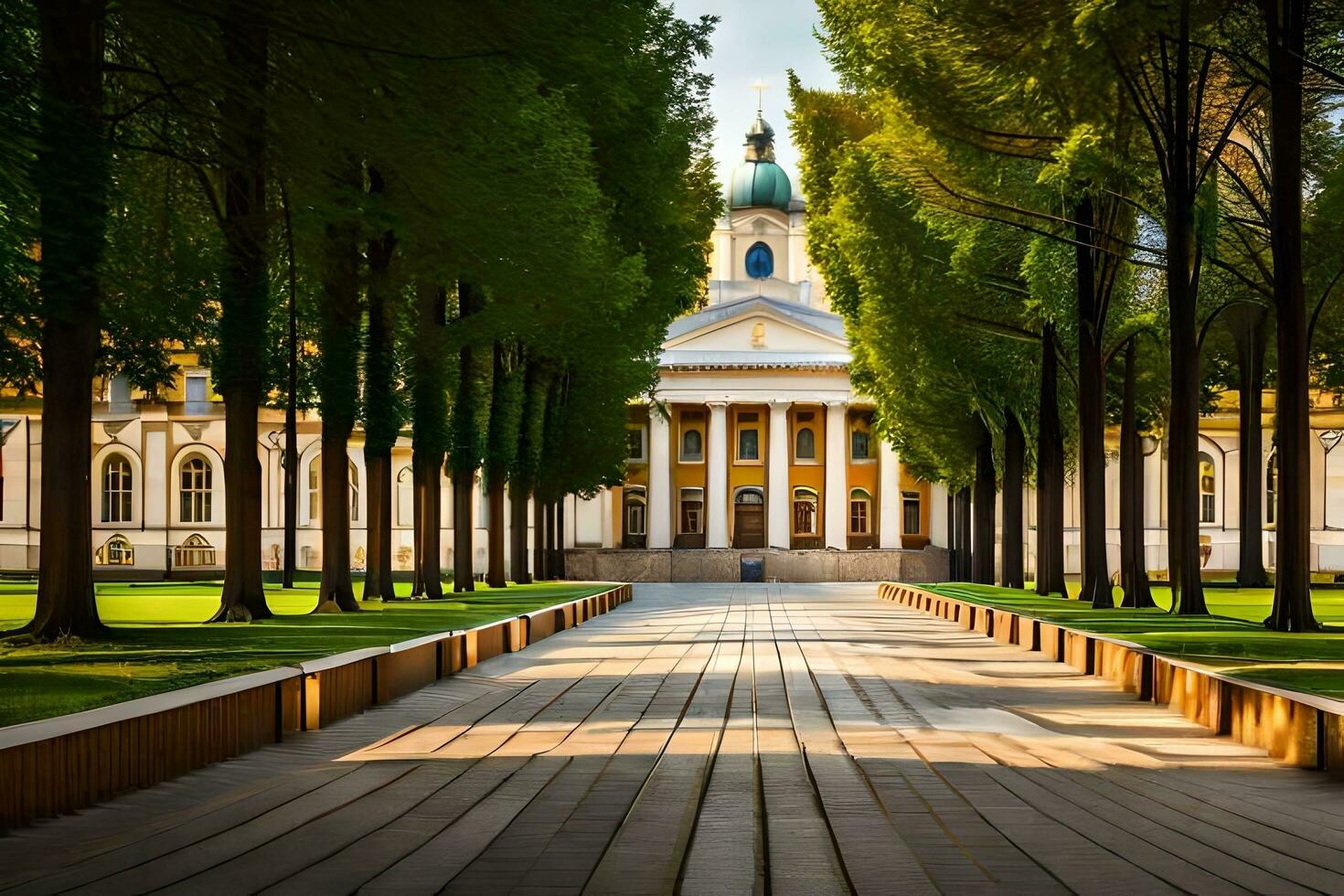 a walkway lined with trees and a building. AI-Generated photo