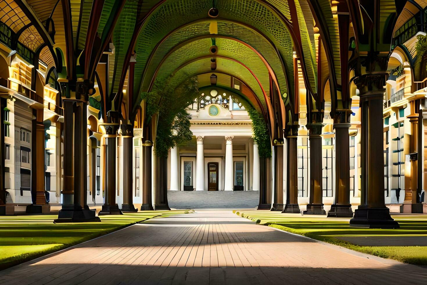 a long walkway with pillars and green grass. AI-Generated photo