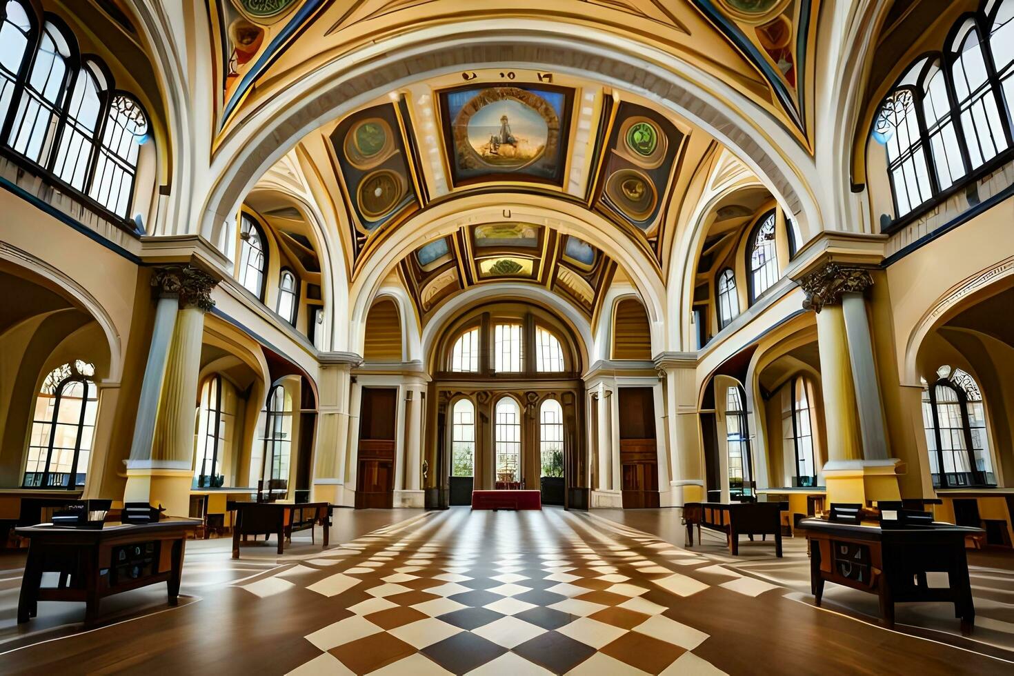 el interior de un grande edificio con un a cuadros piso. generado por ai foto