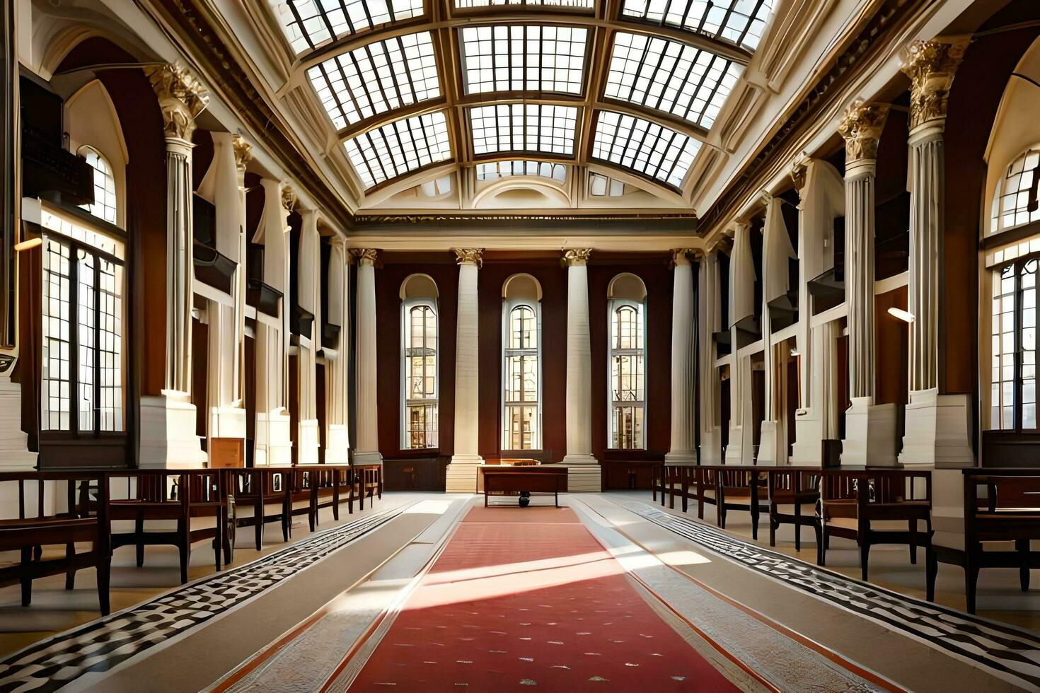 the interior of a large building with columns and a red carpet. AI-Generated photo