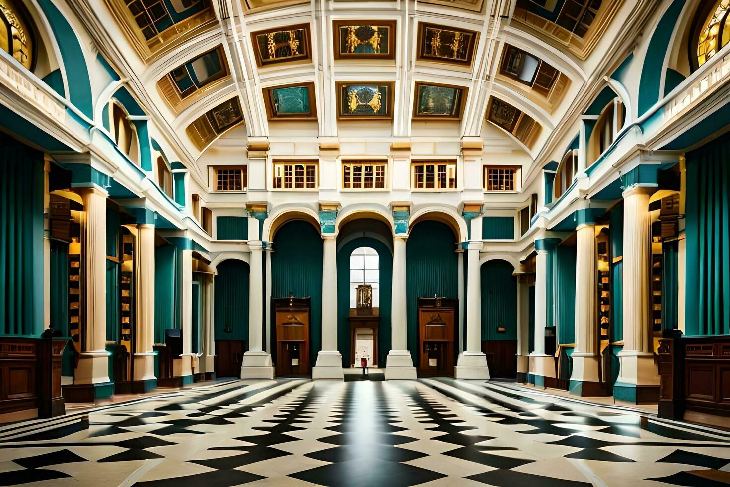 the interior of a large building with black and white checkered floors. AI-Generated photo