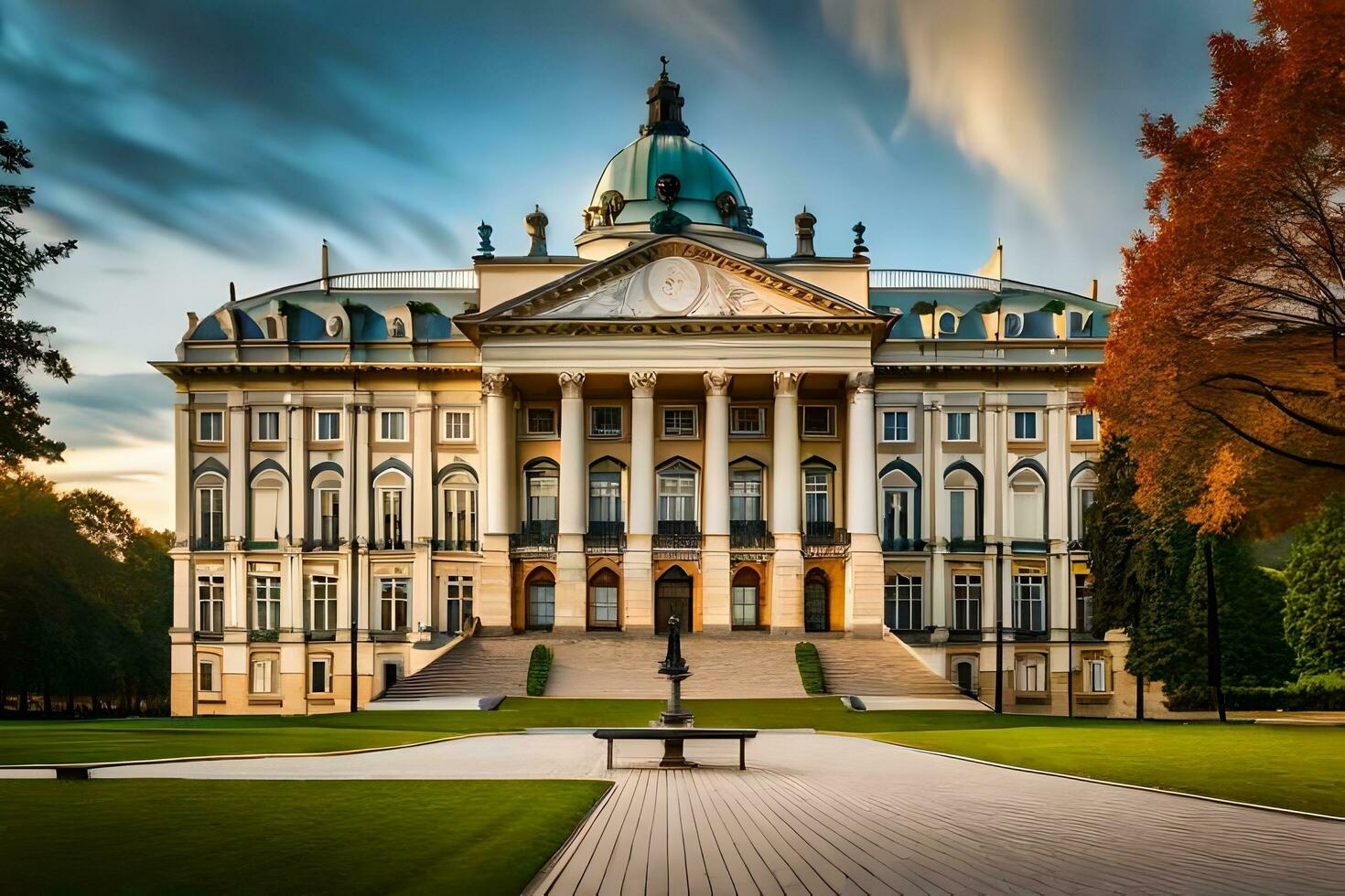 the beautiful building in the middle of a park. AI-Generated photo