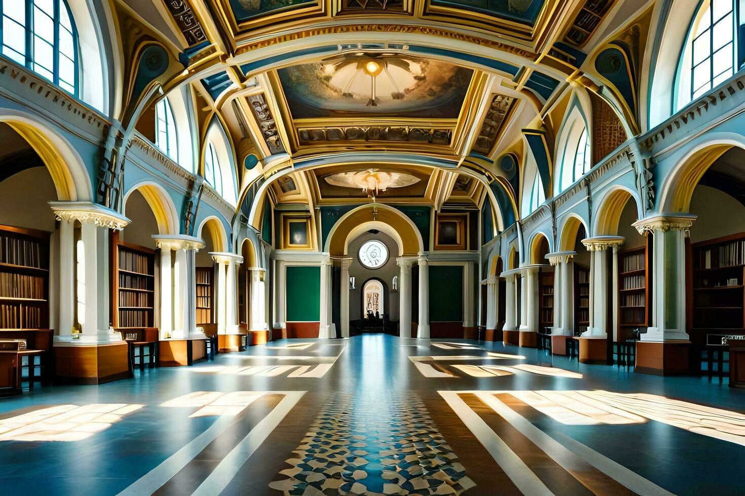 the interior of a library with a large ceiling. AI-Generated photo