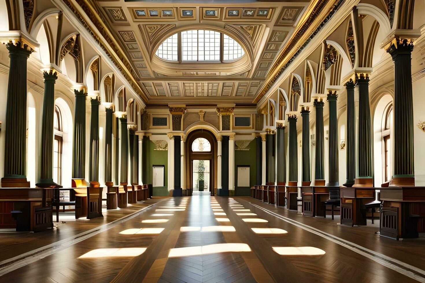 the interior of a large building with columns and windows. AI-Generated photo