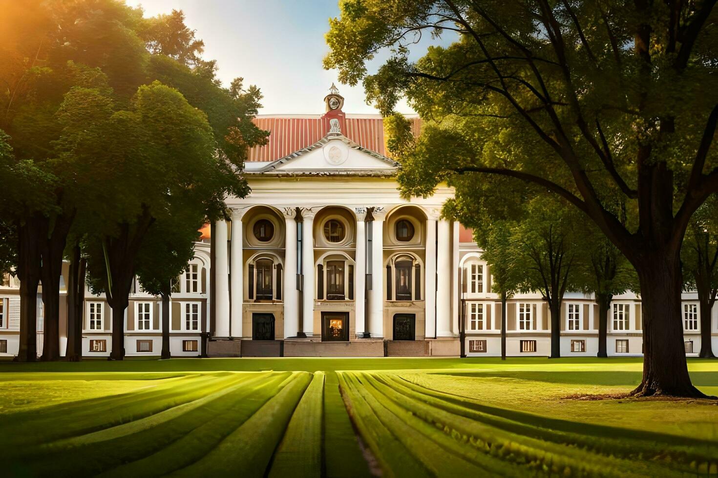 the sun shines on a large building in the middle of a field. AI-Generated photo