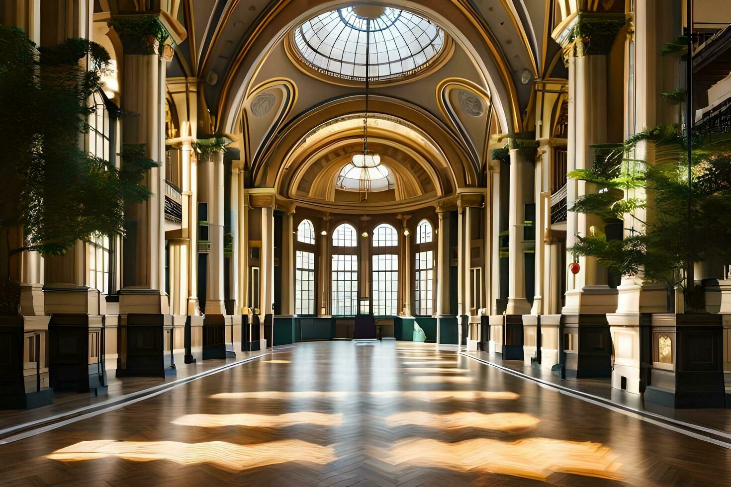 the interior of a large building with arched windows. AI-Generated photo