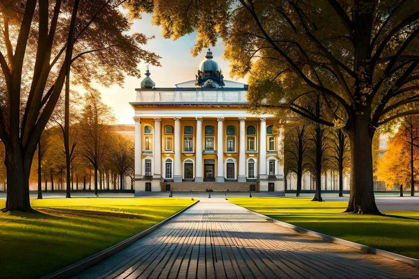 the beautiful building in the middle of a park. AI-Generated photo