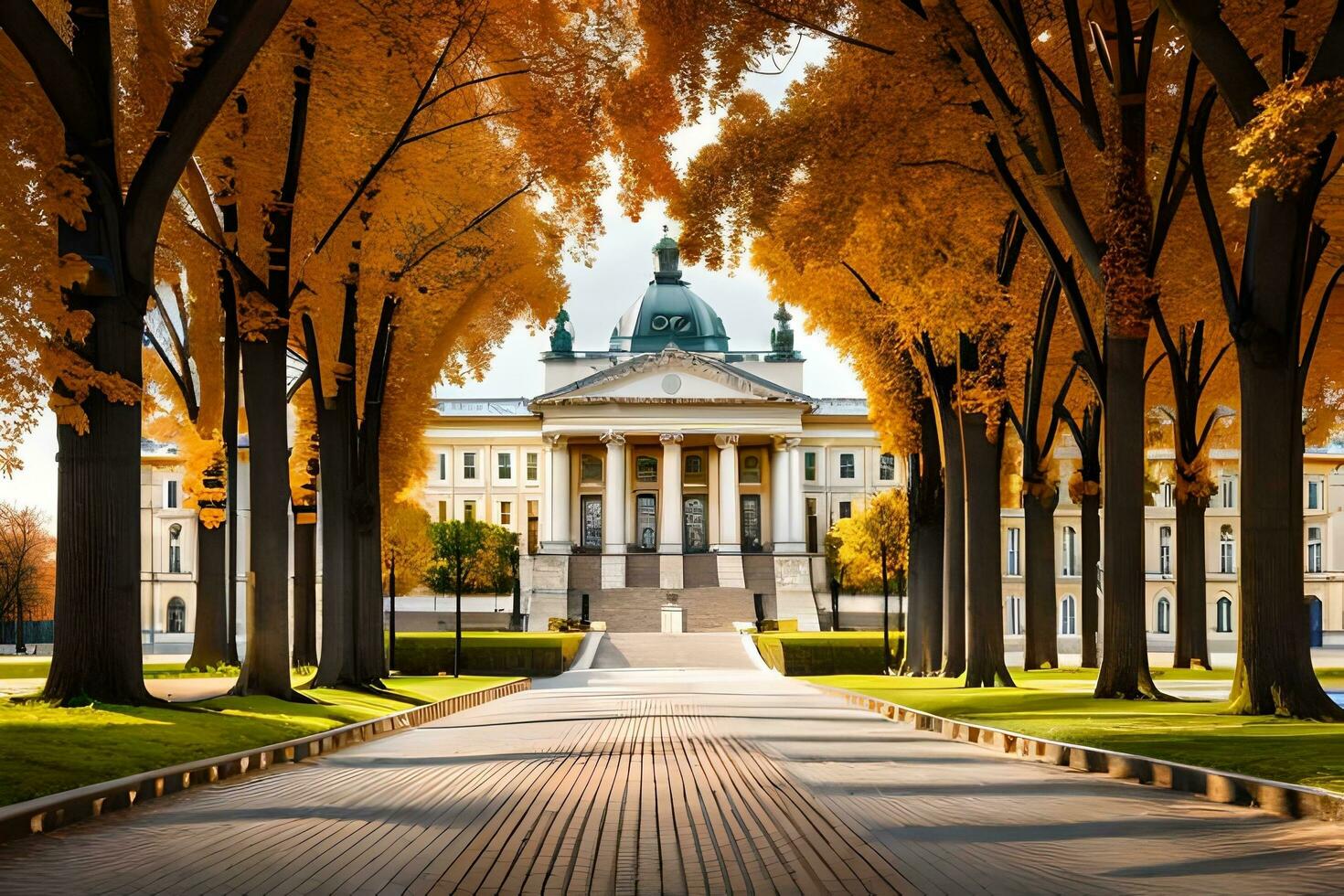 a pathway lined with trees and a building in the fall. AI-Generated photo