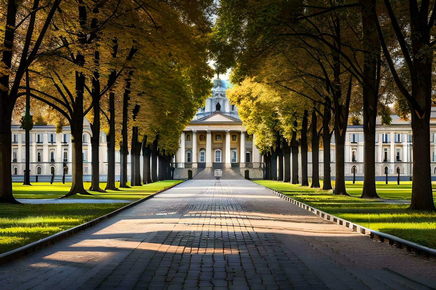 a long walkway lined with trees and buildings. AI-Generated photo