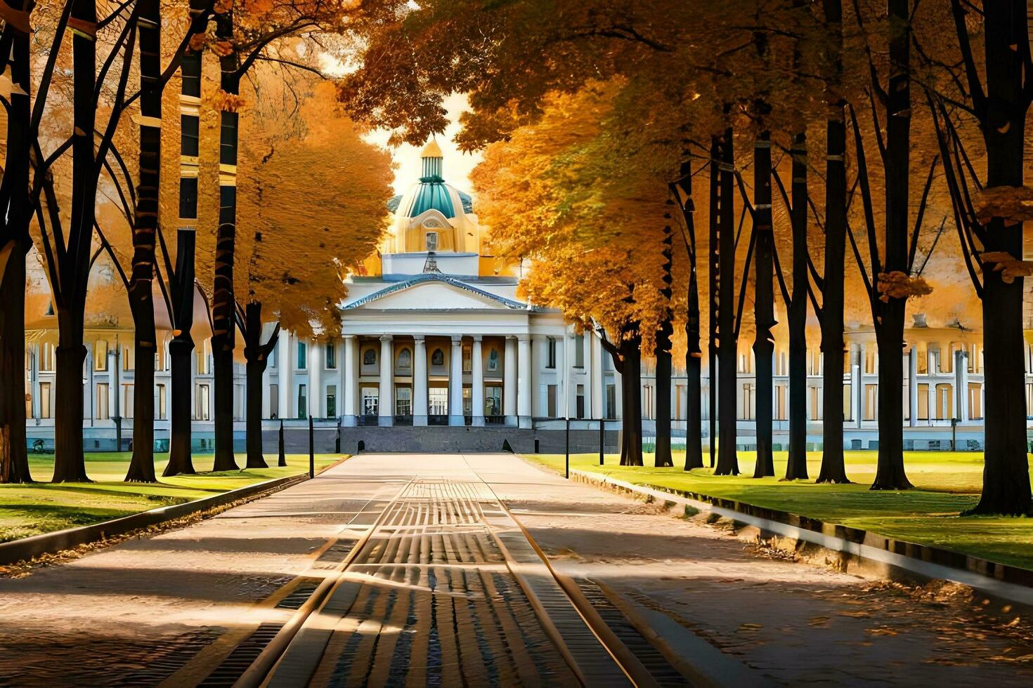 a long road lined with trees and a building. AI-Generated photo