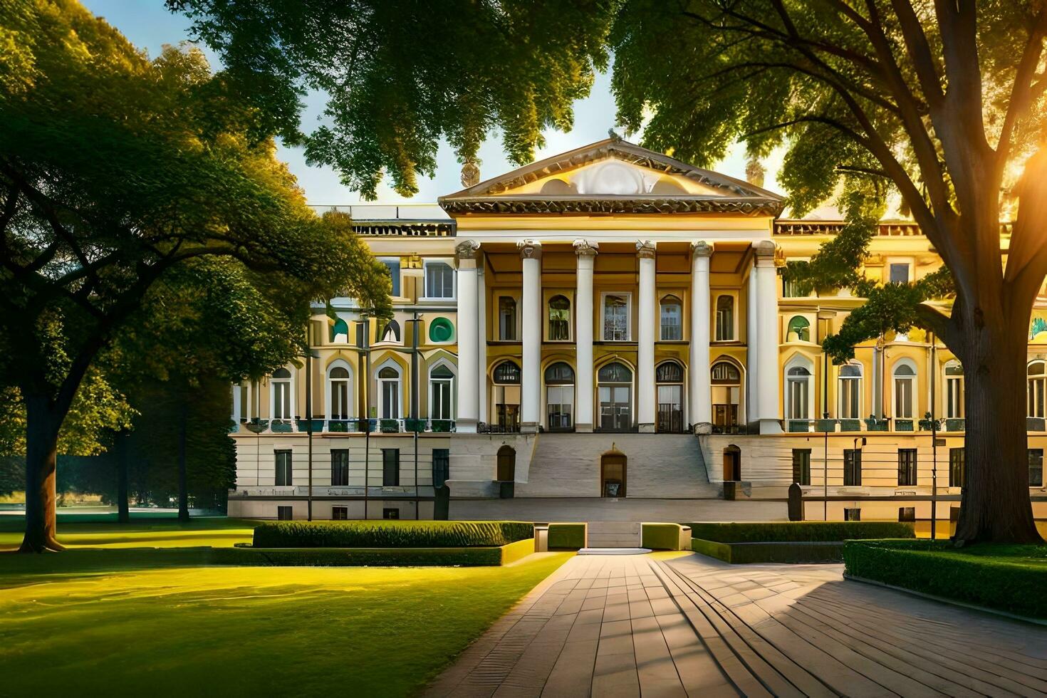 the beautiful building in the middle of a park. AI-Generated photo