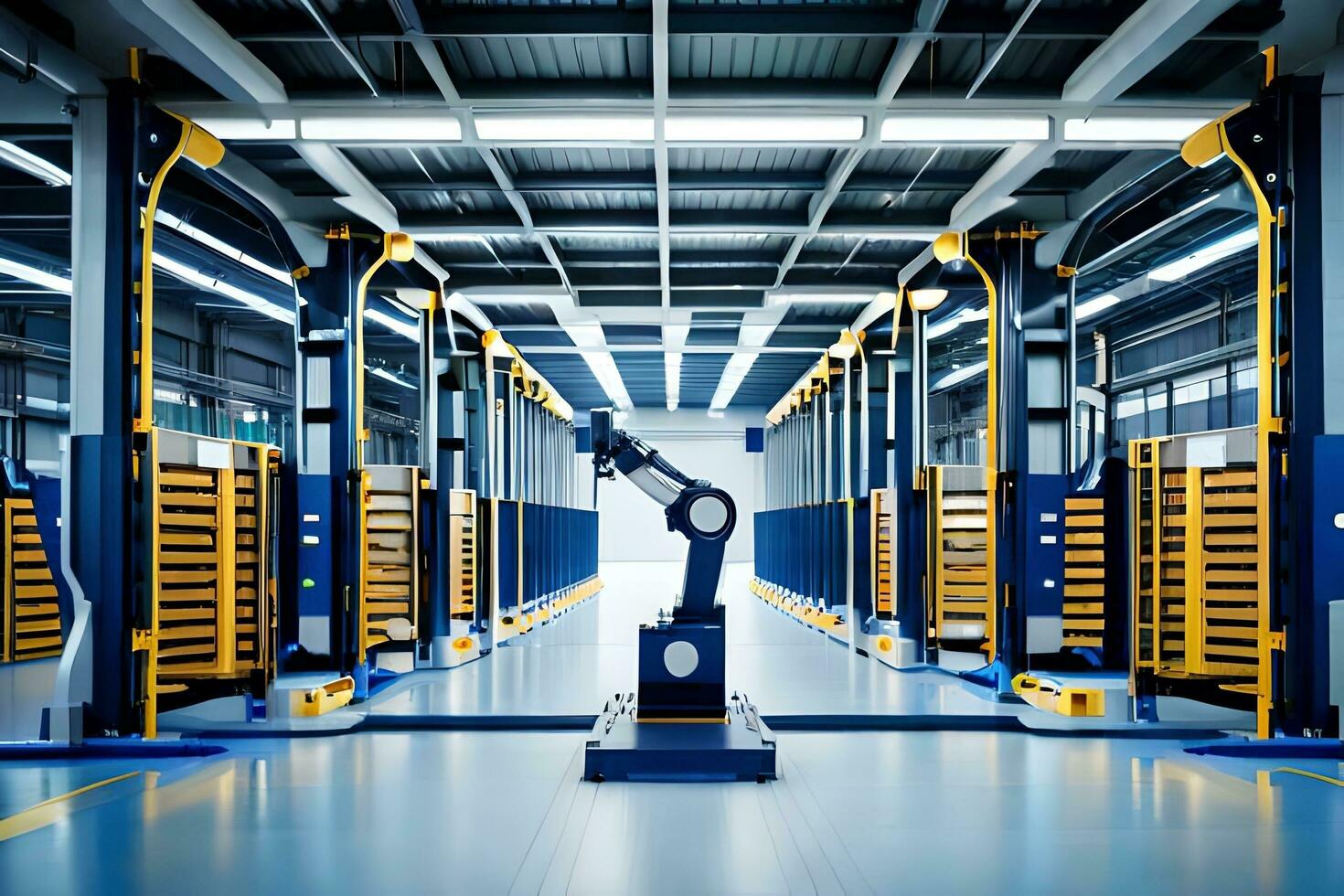 a robot is standing in the middle of a warehouse. AI-Generated photo