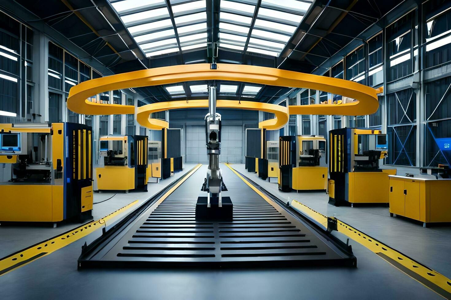 a large room with yellow and black machines. AI-Generated photo