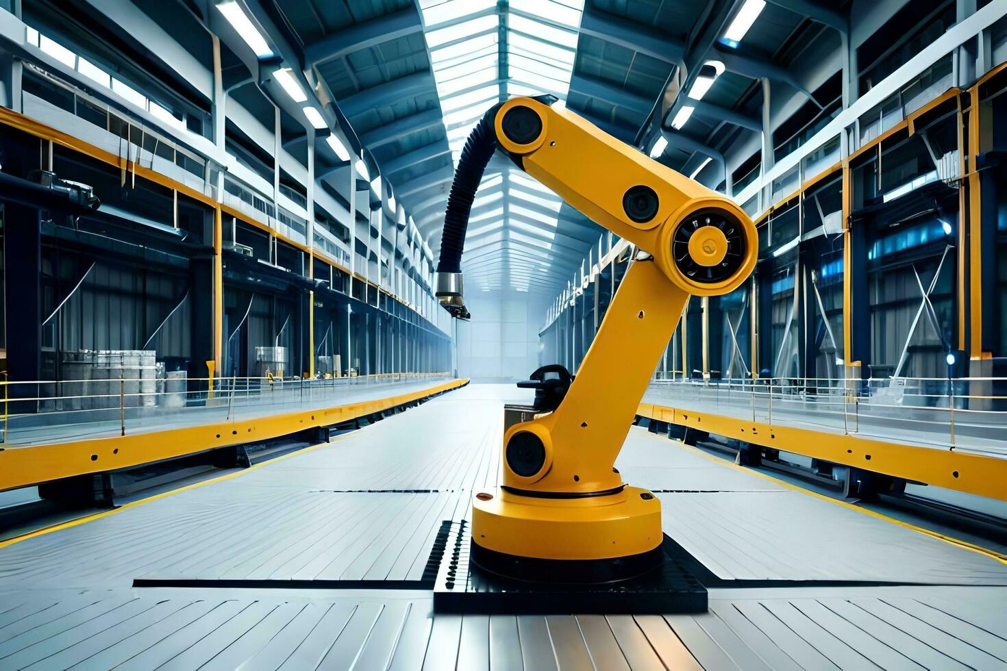 a robotic arm is standing in a large warehouse. AI-Generated photo