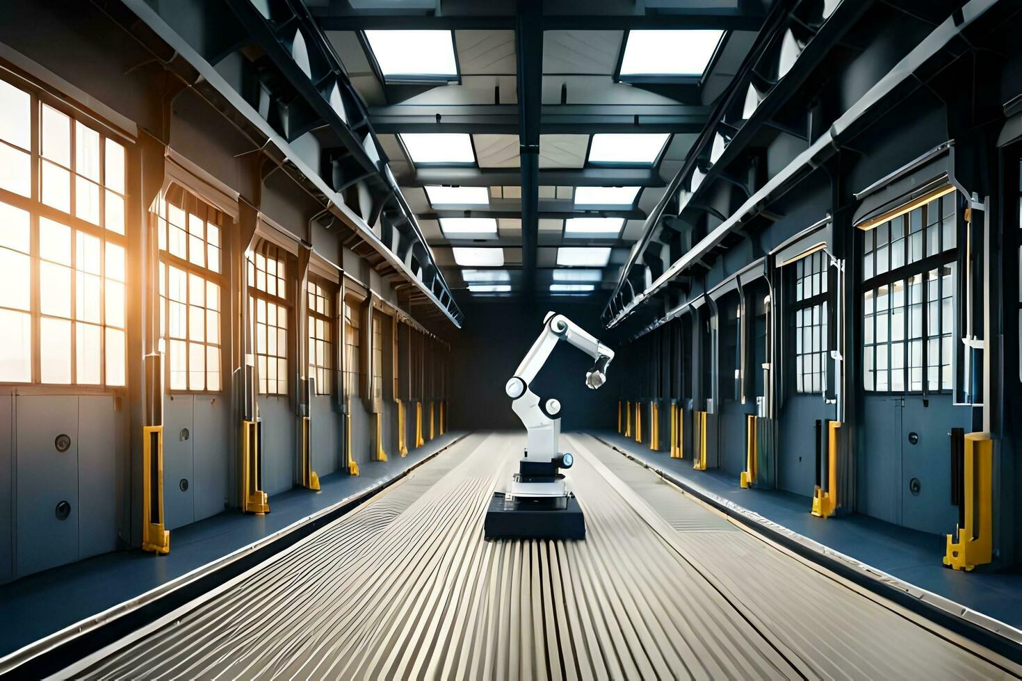 a robot is standing in a warehouse with a large door. AI-Generated photo