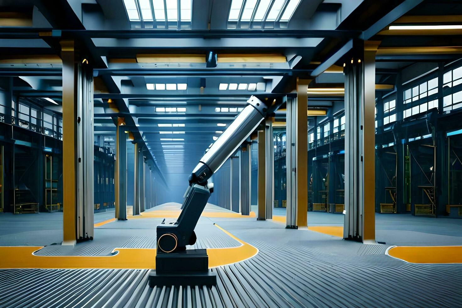 a robot standing in a warehouse with a large door. AI-Generated photo
