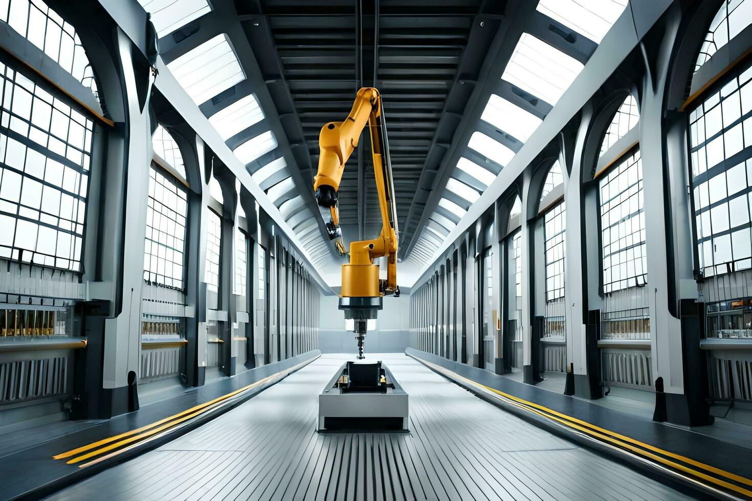 a large industrial robot is standing in a large warehouse. AI-Generated photo