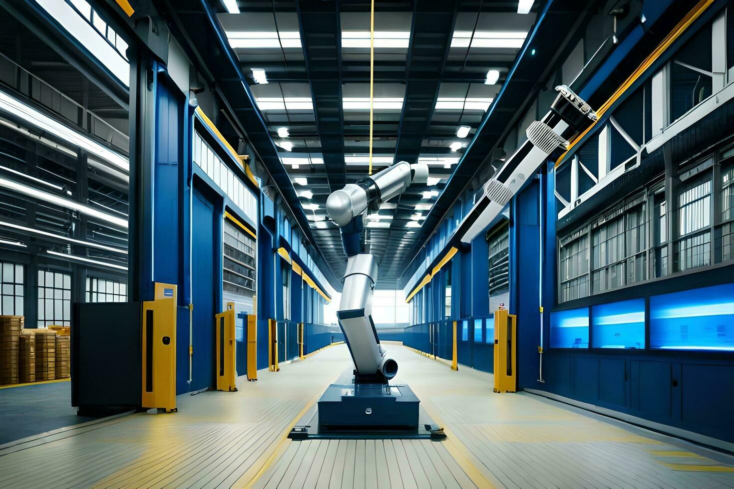 a robot is standing in a warehouse with blue walls. AI-Generated photo