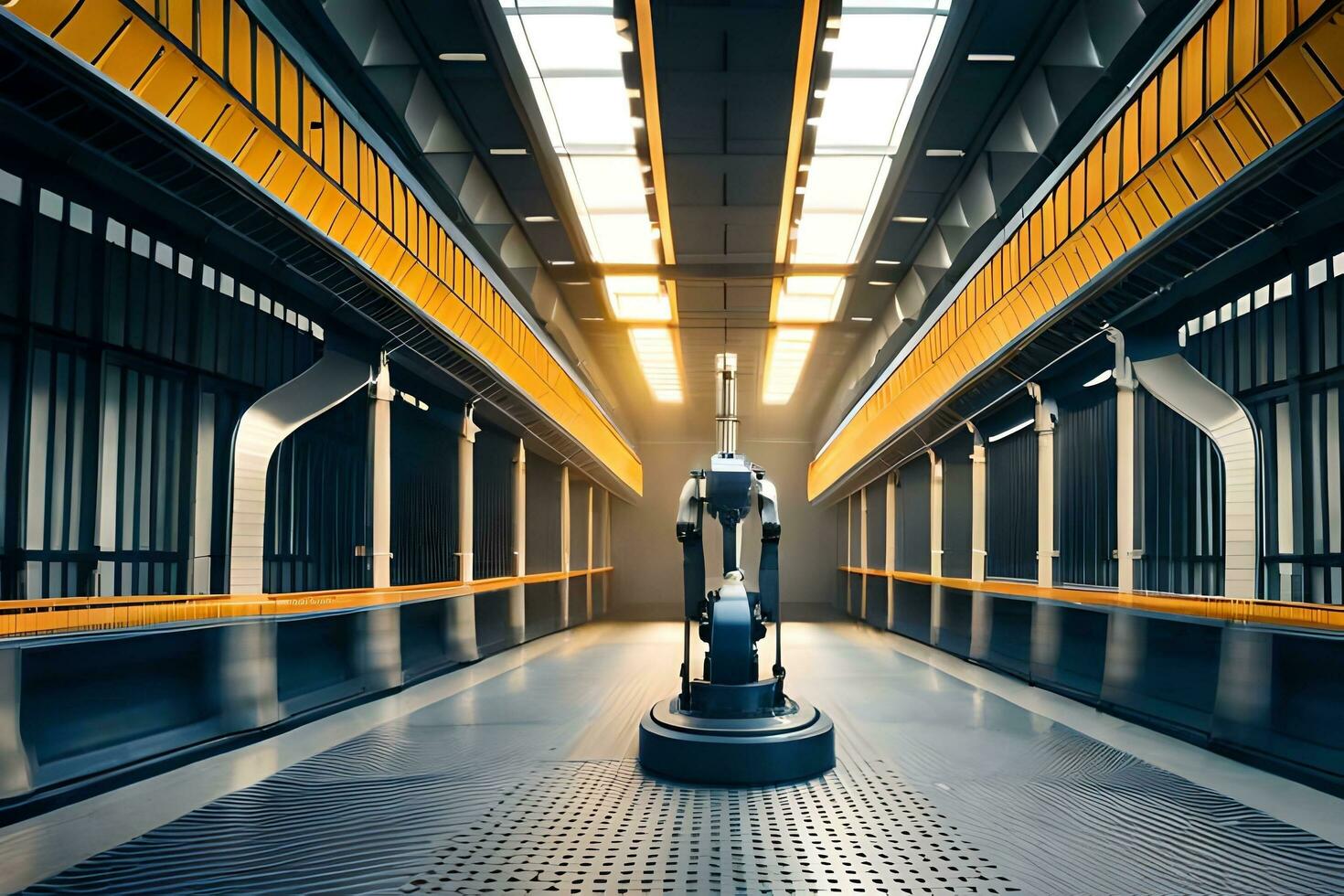 a robot is standing in a large warehouse. AI-Generated photo