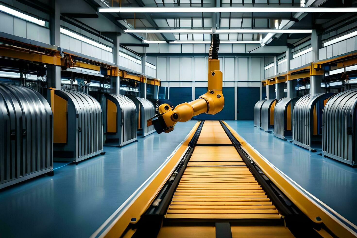 a robot is walking along a conveyor belt in a warehouse. AI-Generated photo