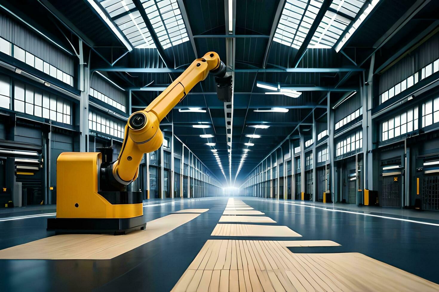 a robot is standing in a large warehouse. AI-Generated photo