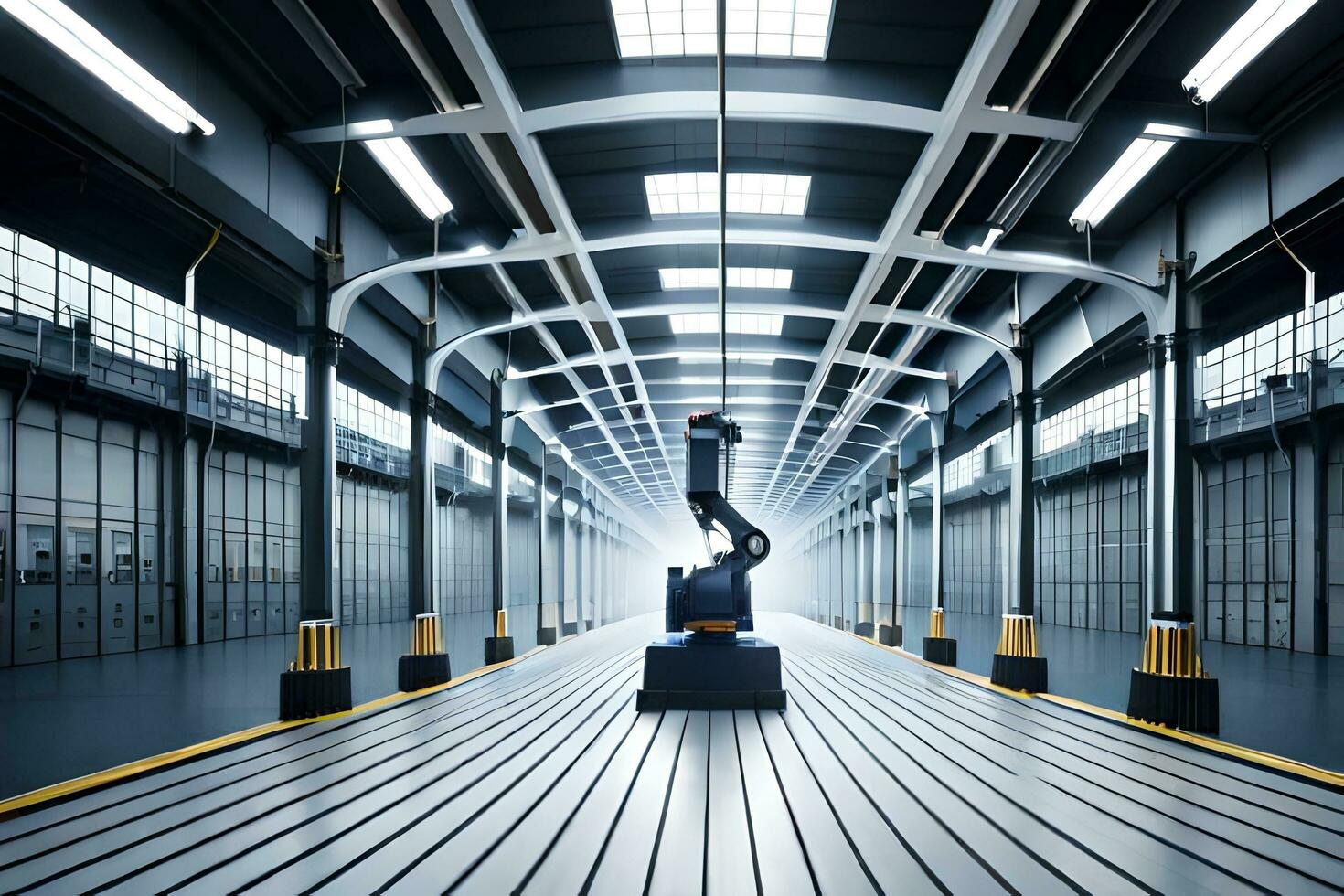 industrial robot in a warehouse with a light coming from the ceiling. AI-Generated photo