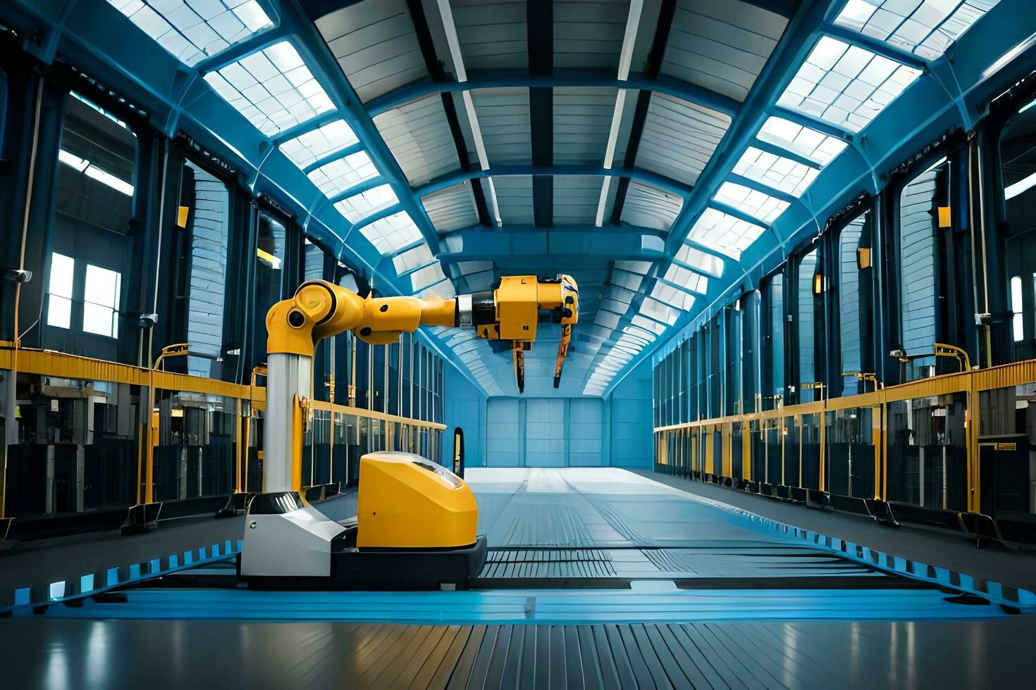 a robot is standing in a warehouse with yellow and blue walls. AI-Generated photo