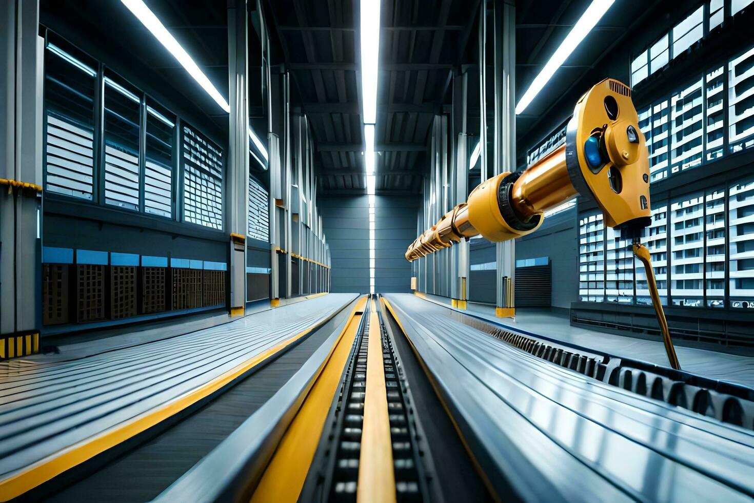 a long conveyor belt with yellow and black machines. AI-Generated photo