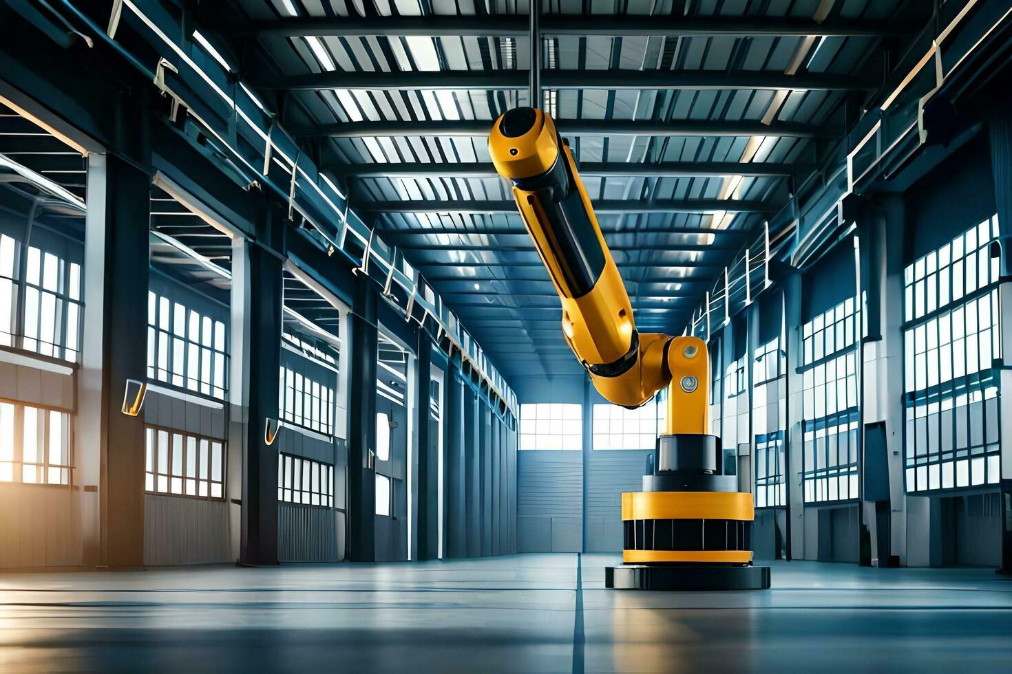 a large industrial warehouse with a robot in the middle. AI-Generated photo
