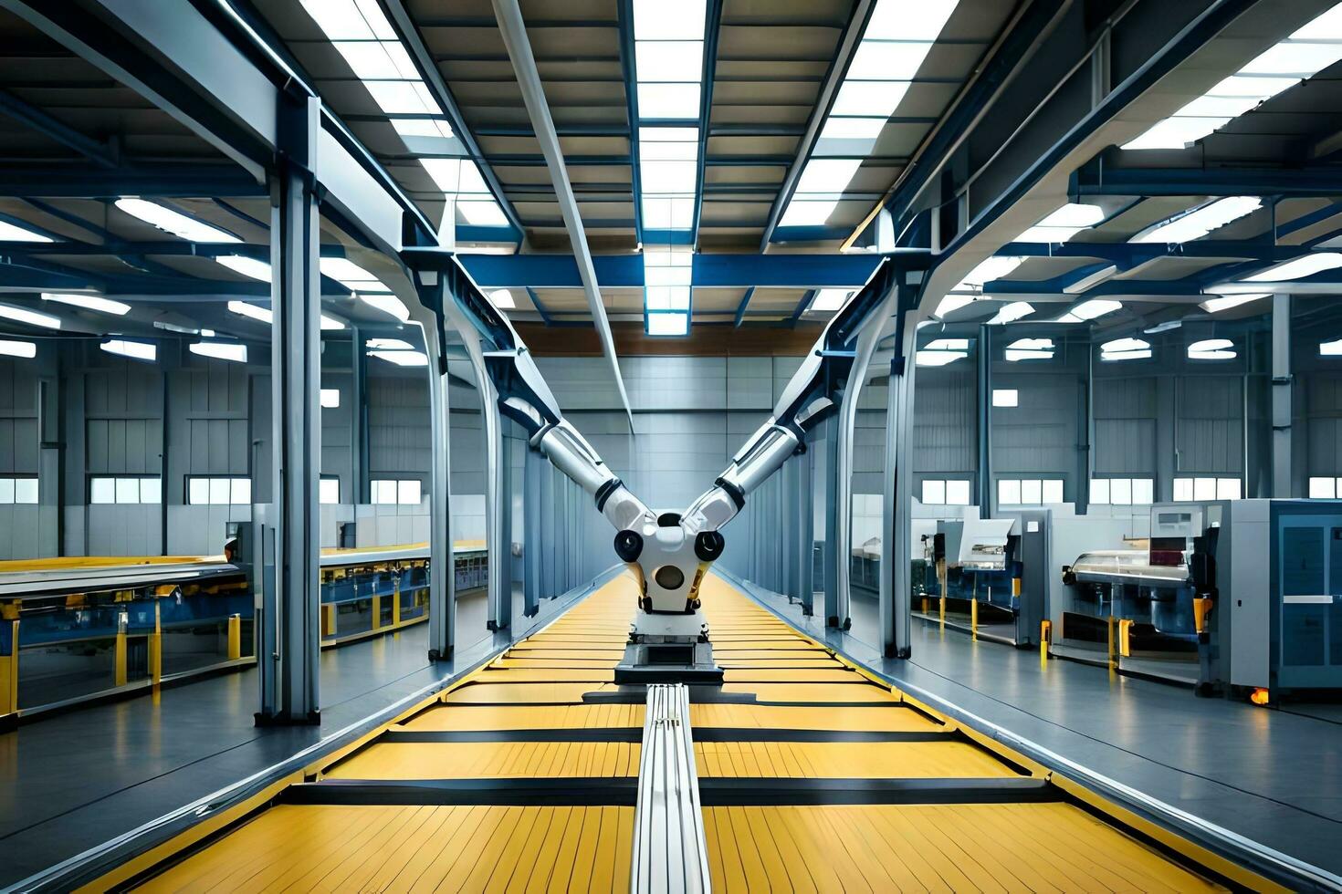 a robot is standing in a factory with yellow floors. AI-Generated photo