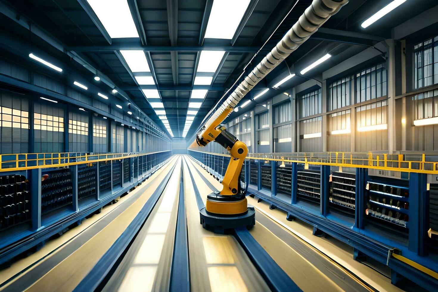 industrial robot in a factory with a conveyor belt. AI-Generated photo
