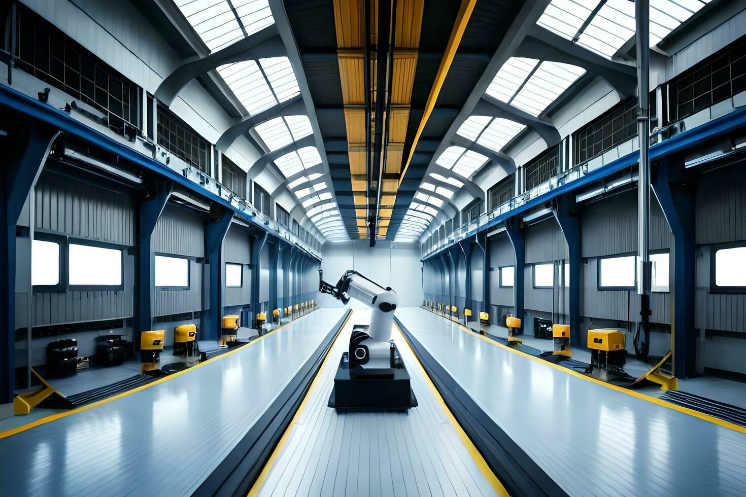 a long hallway with a robot in the middle. AI-Generated photo