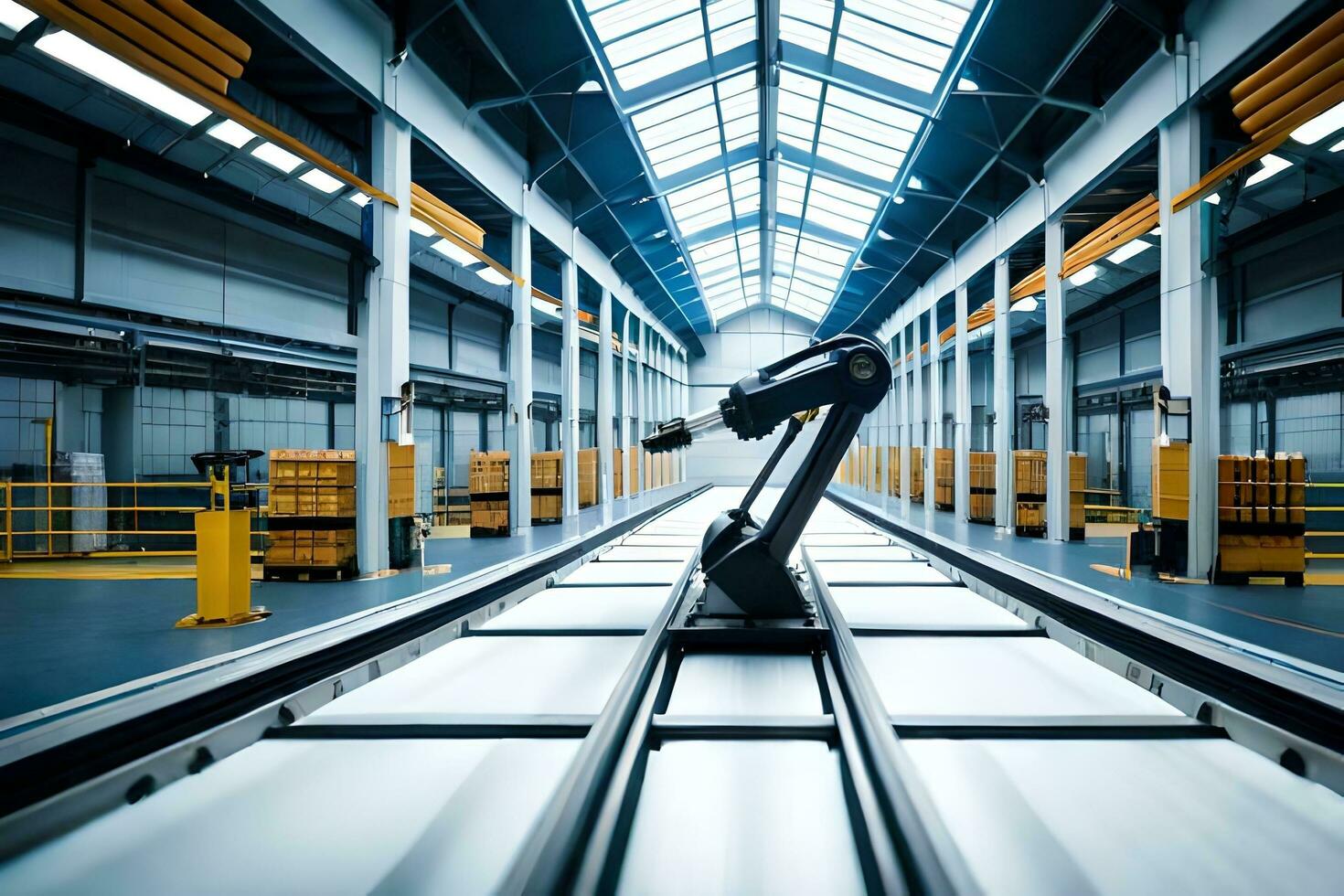 a robot is walking on a conveyor belt in a warehouse. AI-Generated photo