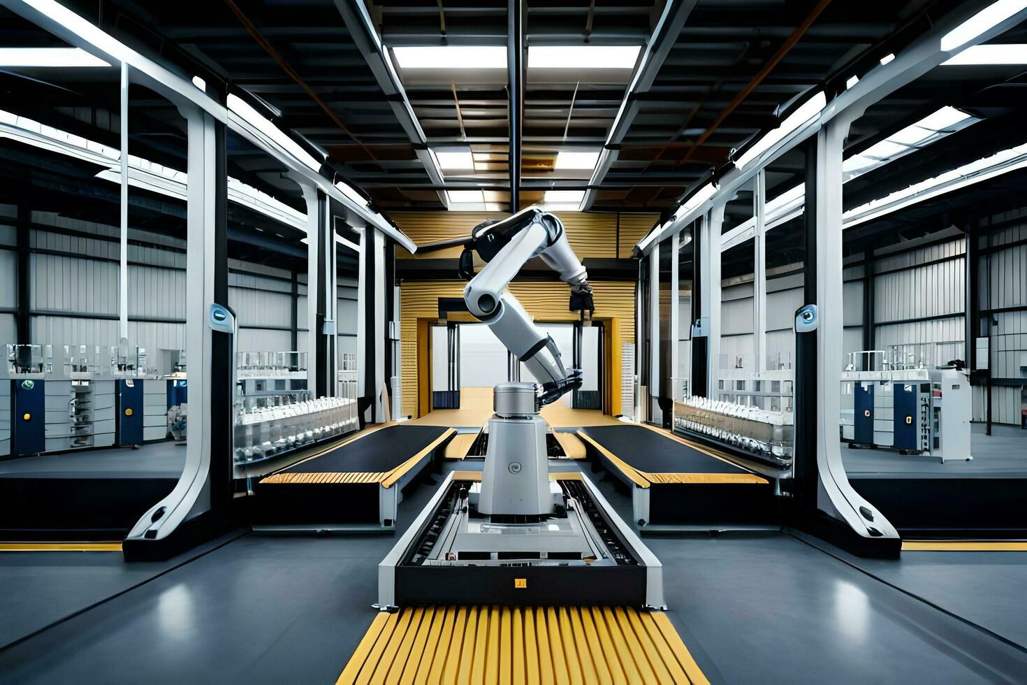 a robot is standing in a large warehouse. AI-Generated photo