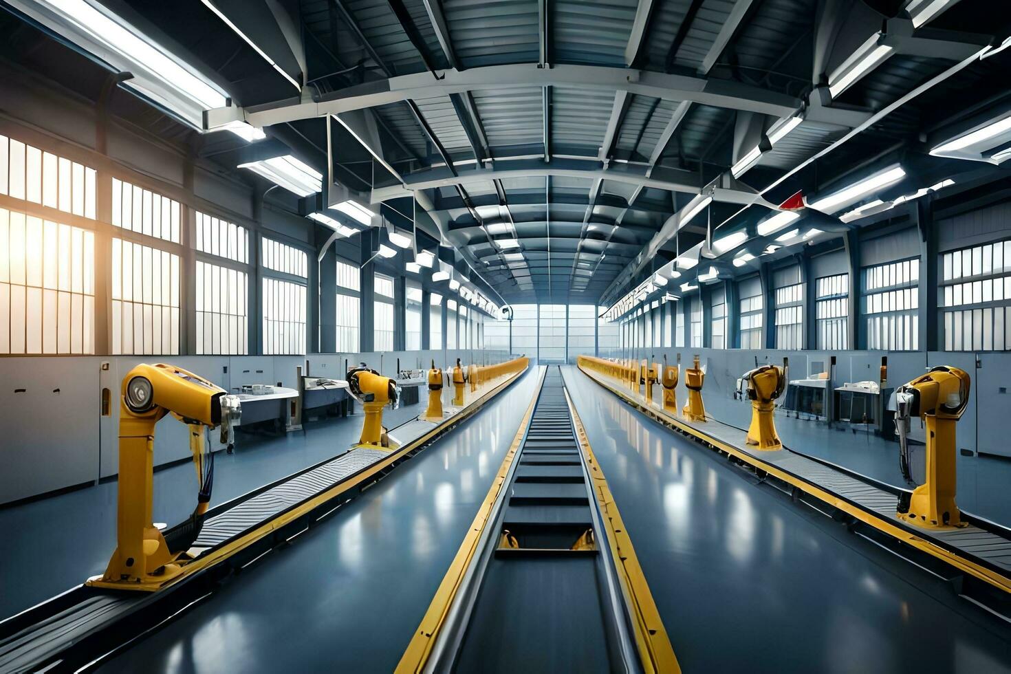 a long line of yellow robots in a factory. AI-Generated photo