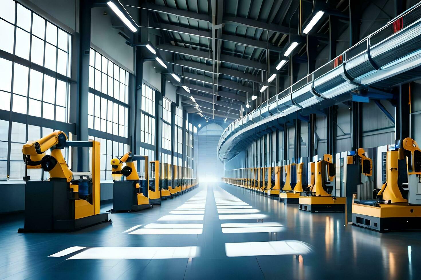 industrial robots en un fábrica. generado por ai foto