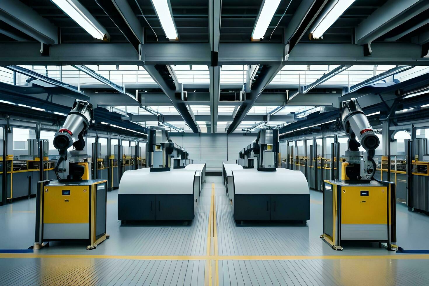 robots in a factory with yellow and white machines. AI-Generated photo