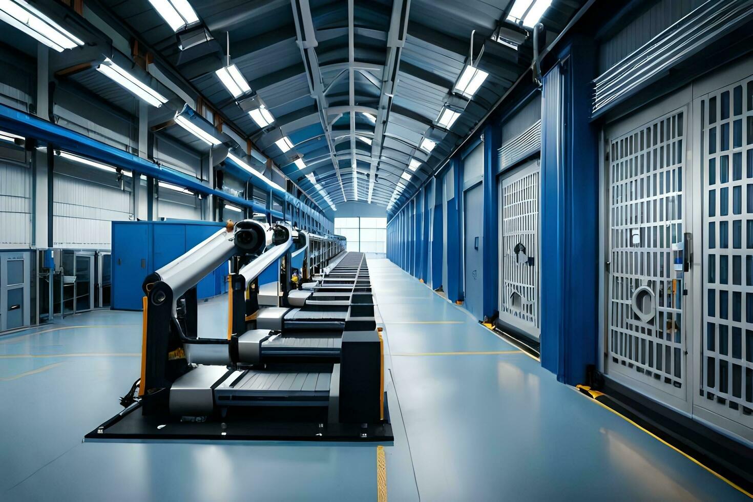 a long line of robots in a warehouse. AI-Generated photo