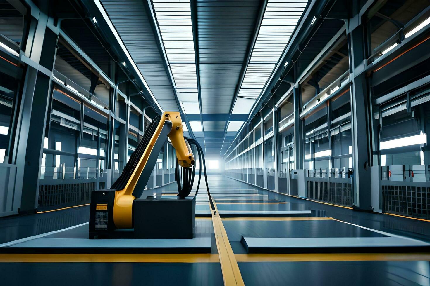 an industrial robot is sitting in a warehouse. AI-Generated photo