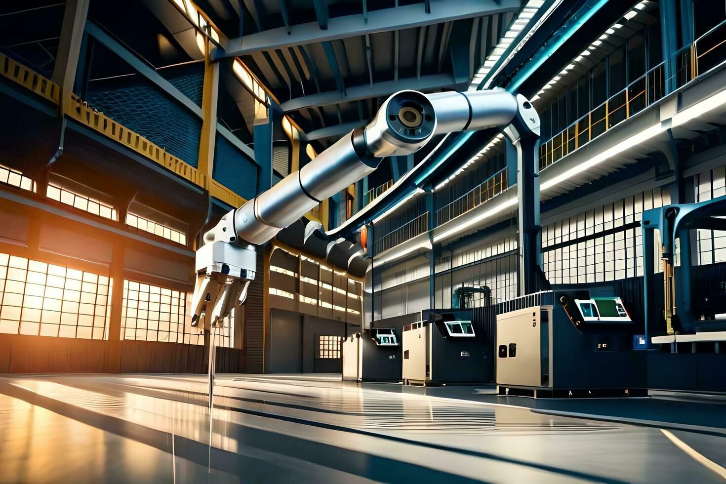 a robot arm is standing in front of a machine. AI-Generated photo