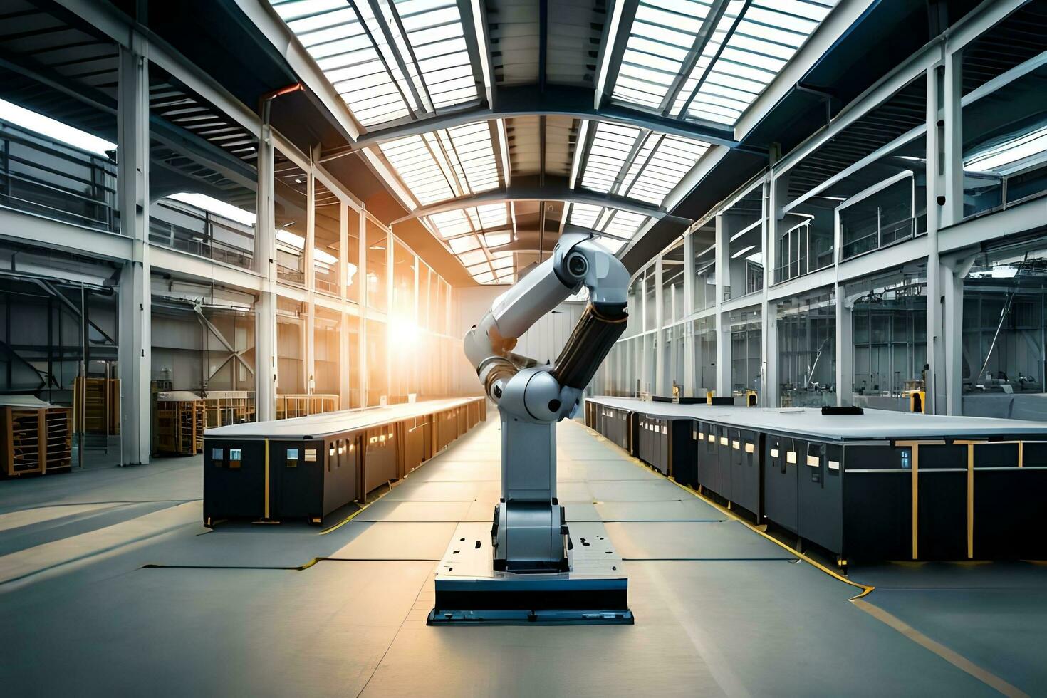 a robot in a warehouse with a large storage area. AI-Generated photo