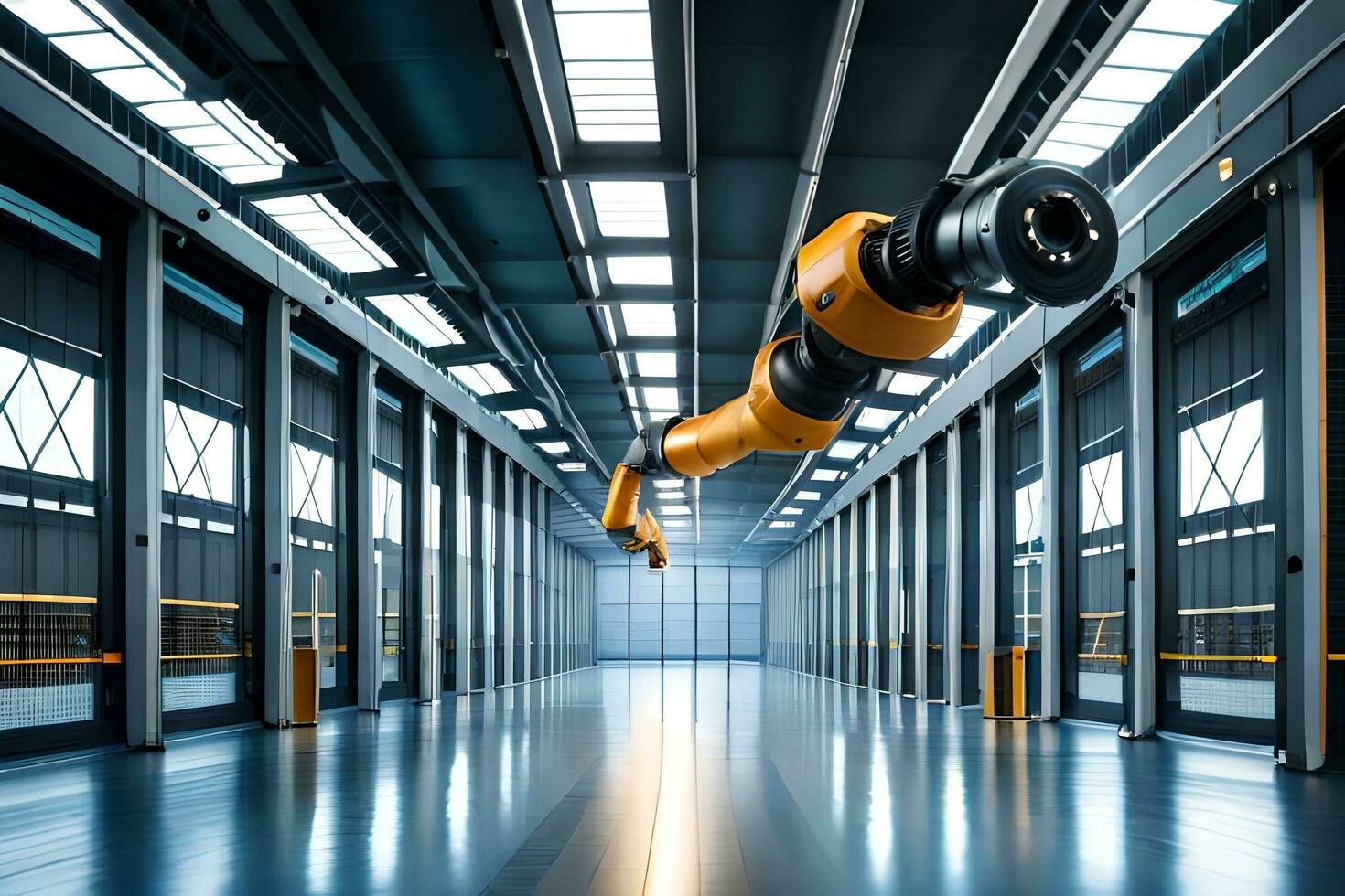 a robot is standing in the middle of a large warehouse. AI-Generated photo