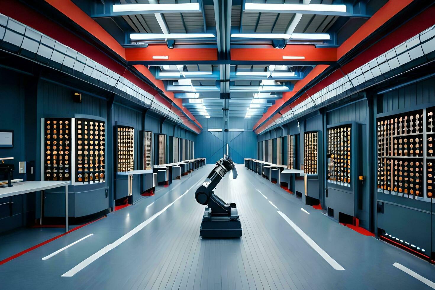 a long hallway with many rows of computers. AI-Generated photo