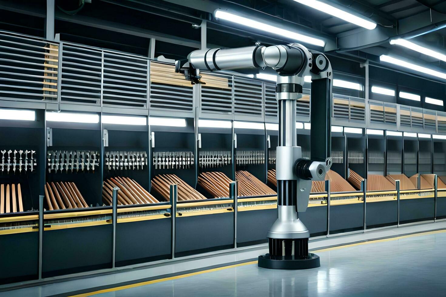 a robotic arm is in a warehouse with a lot of wooden boxes. AI-Generated photo