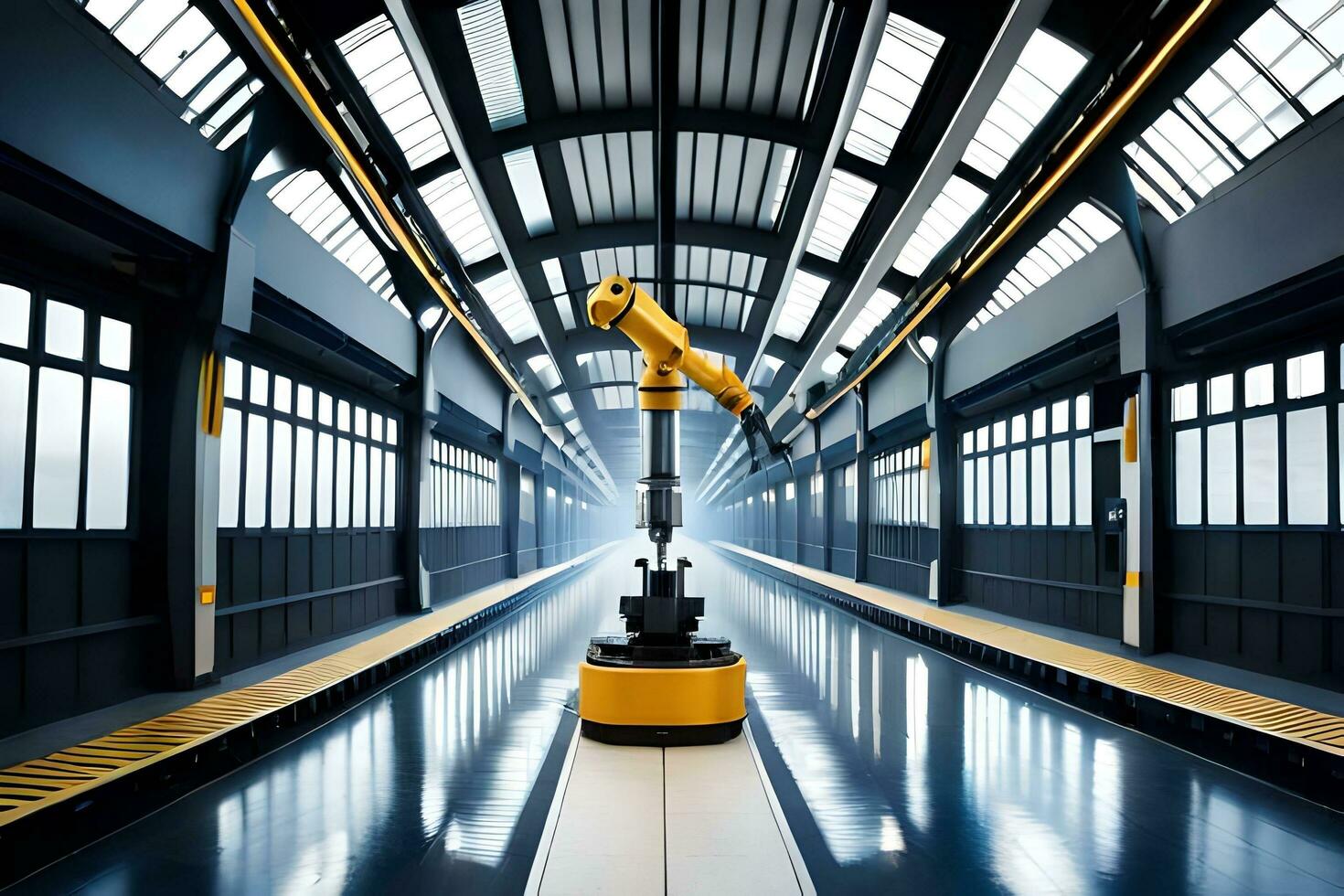 a robot is standing in a large warehouse. AI-Generated photo