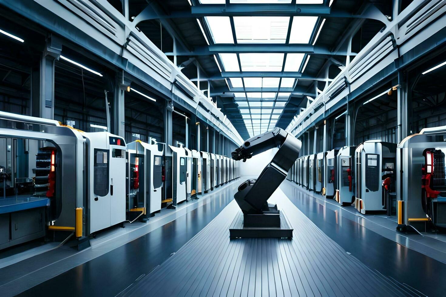 a robot is standing in the middle of a factory. AI-Generated photo