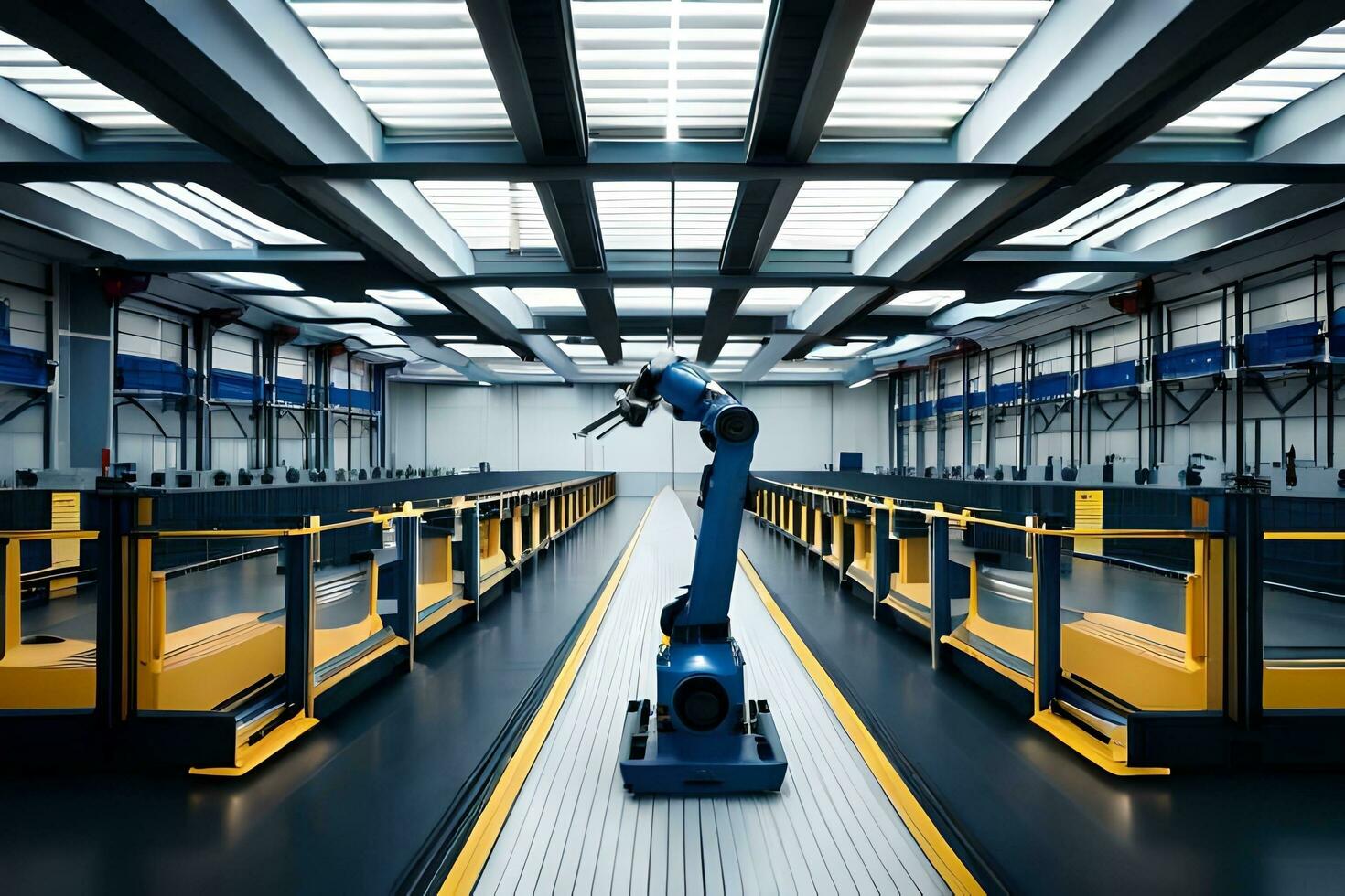 a robot is standing in a warehouse with blue and yellow rails. AI-Generated photo